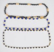 A beaded cultured pearl and sodalite necklace with 14k gold clasp, beaded hematite necklace with