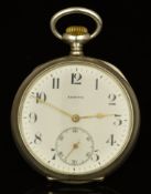 Zenith silver keyless winding open faced pocket watch with subsidiary seconds dial, gold hands,