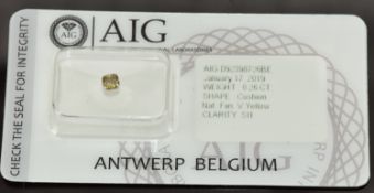 A loose 0.26ct cushion cut natural fancy vivid yellow diamond, with certificate