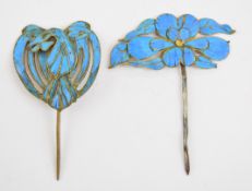 Two 19thC Chinese hat pins / hair ornaments set with kingfisher wing, one in the form of a phoenix