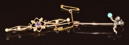 Edwardian 9ct gold brooch set with amethysts and pearls and a Victorian brooch in the form of a