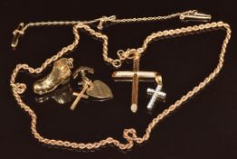 Two 9ct gold cross pendants, 9ct gold boot charm, 9ct gold faith, hope & charity charm, and a 9ct