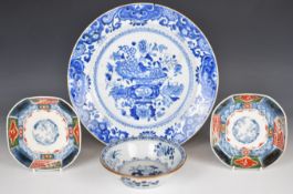 19thC Chinese porcelain including a blue and white dish, pair of hexagonal dishes with enamelled