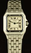 Cartier Panthère ladies wristwatch ref. 132 000 with blued hands, black Roman numerals, silver dial,
