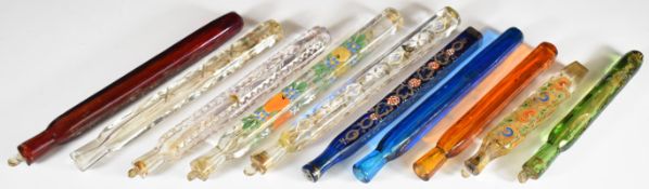 Ten Georgian / Victorian scent / perfume bottles with enamelled / gilt decoration, longest 19cm