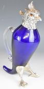 Silver plated figural cockatoo / parrot blue glass decanter, height 29cm