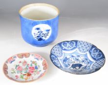 19thC Chinese famille rose enamelled saucer, pedestal bowl and pedestal jardinière, tallest 12.5cm