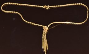 A 9ct gold necklace with knot decoration and drop pendants, 11.5g, 40cm