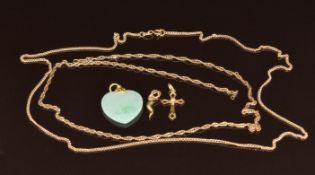 Two 9ct gold chains (51cm & 45cm, 7.7g) , a jadeite pendant with 18k gold loop, a 9ct gold cross (