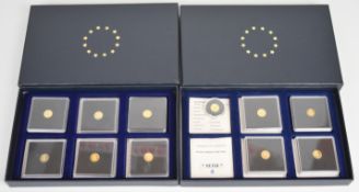 Set of ten miniature 20 euro .585 gold coins, each 0.5g, with German certificates, together with