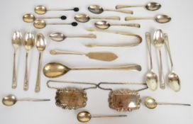 Hallmarked silver cutlery comprising three sets of six tea and coffee spoons, butter knife, sugar