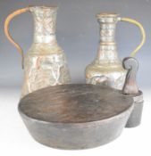 Indian wooden spice box with fitted interior and swivel lid and two Eastern pitchers, tallest 36cm