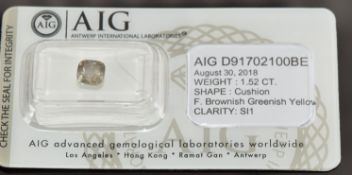 A loose 1.52ct cushion cut fancy brownish greenish yellow diamond, with certificate