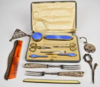 Art Deco hallmarked silver and blue guilloché enamel mounted dressing table set, London 1919,