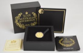 Perth Mint Australia cased limited edition (0928/1000) 2019 proof $25 gold full sovereign with