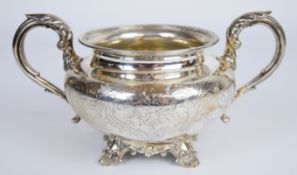 Victorian hallmarked silver twin handled sugar bowl, London 1840, maker John Tapley and also