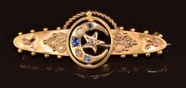 Edwardian 9ct gold brooch in the form of a crescent and star set with sapphires and diamonds, 3.