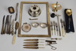 Hallmarked silver items comprising lidded inkwell, mother of pearl swing handled basket, Norwegian