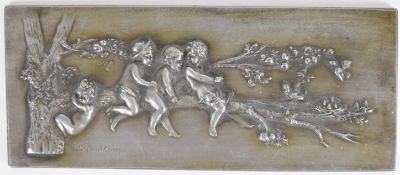 Helmuth Schievelkamp (1849-1936) silver plated Art  Nouveau plaque depicting four puti playing in