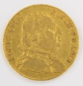 1815 Louis XVIII 20 Franc gold coin with R mintmark, by repute produced by the Royal Mint in order