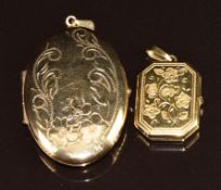 Two 9ct gold lockets with engraved floral decoration, 8.2g
