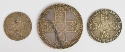 George II Lima 1745 half crown, plain angles together with a 1750 shilling and a 1757 sixpence