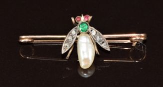 Victorian 9ct gold insect brooch set with a pearl, rose cut diamonds and paste, 1.6g, 3.5cm