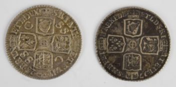1723 George I shilling, SSC in angles reverse together with a 1758 plain angles George II example