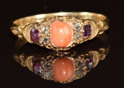 Victorian ring set with a coral cabochon, rose cut diamonds and rubies, 1.6g, size O