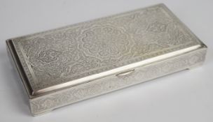 Persian or Iranian silver cigarette box with engraved decoration, marked to inside of lid, length