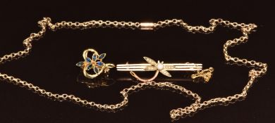 A 9ct rose gold necklace/ chain, 9ct gold brooch in the form of a dragonfly set with an opal and
