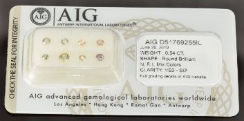 Eight loose round brilliant cut fancy intense mixed coloured diamonds, each measuring 2.12-3.35mm,