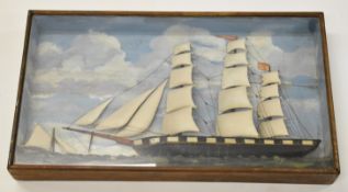A 19thC glazed diorama of a schooner / tea clipper with Red Ensign flag, W87 x D11 x H49cm