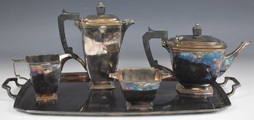 Mappin & Webb Art Deco plated five piece tea set including twin handled tray, tallest 20cm