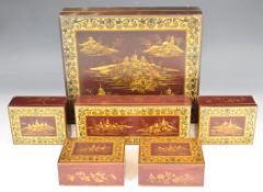 Chinese lacquer box with five covered fitted boxes within, W30 x D26 x H6cm