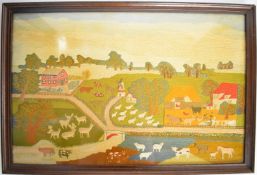 Wool work / embroidery of a pastoral scene including farm animals, horses, donkey, duck pond, deer