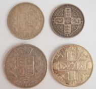 Victorian coinage comprising 1844 crown, 1887 double florin, 1884 half crown and 1883 Gothic florin,
