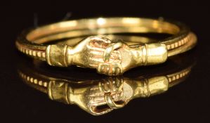 Victorian yellow metal fede gimmel ring, 2.1g, size O