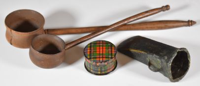 18th / 19thC Scottish treen toddy ladles, a possibly Neolithic bronze axe head and a Tartanware pill