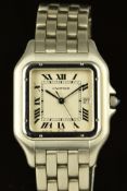 Cartier Panthère wristwatch ref. 130 000 with blued hands, black Roman numerals, silver dial,
