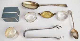 Hallmarked silver items comprising three various napkin rings, bottom hallmarked feather edged table