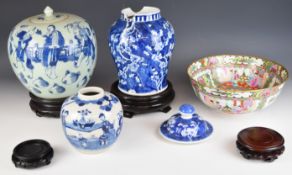 19th / 20thC Chinese ginger jars, famille rose pedestal bowl and wooden stands, tallest 32cm