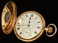 Bulla 9ct gold keyless winding half hunter pocket watch with subsidiary seconds dial, blued hands,