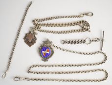 Two silver Albert / watch chains with two silver fobs and two sections of watch chain, 95g