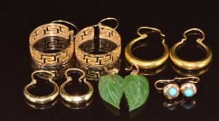 A pair of 14k gold Greek key earrings (3.4g) and other earrings comprising two 9ct gold pairs, a 9ct