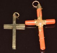 Victorian coral cross pendant with yellow metal flower set with a seed pearl, and a 9ct gold