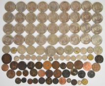 World coinage and tokens to include thirty five Churchill crowns, 1798 West Cowes halfpenny, Heath