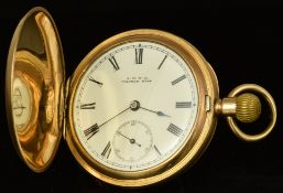 Waltham gold plated keyless winding full hunter pocket watch with inset subsidiary seconds dial,