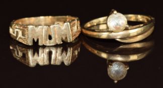 A 9ct gold 'Mum' ring and a 9ct gold ring set with paste, 4.1g, size N & J