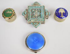 Four trinket boxes including Art Deco hallmarked silver and blue guilloché enamel example,